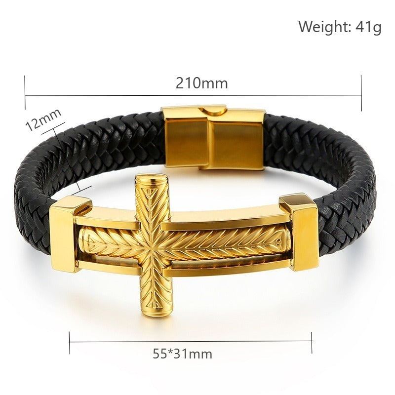 Kemstone Cross Leather Bracelet for Men Titanium Steel Braided Black Cord Design KB130233-KFC
