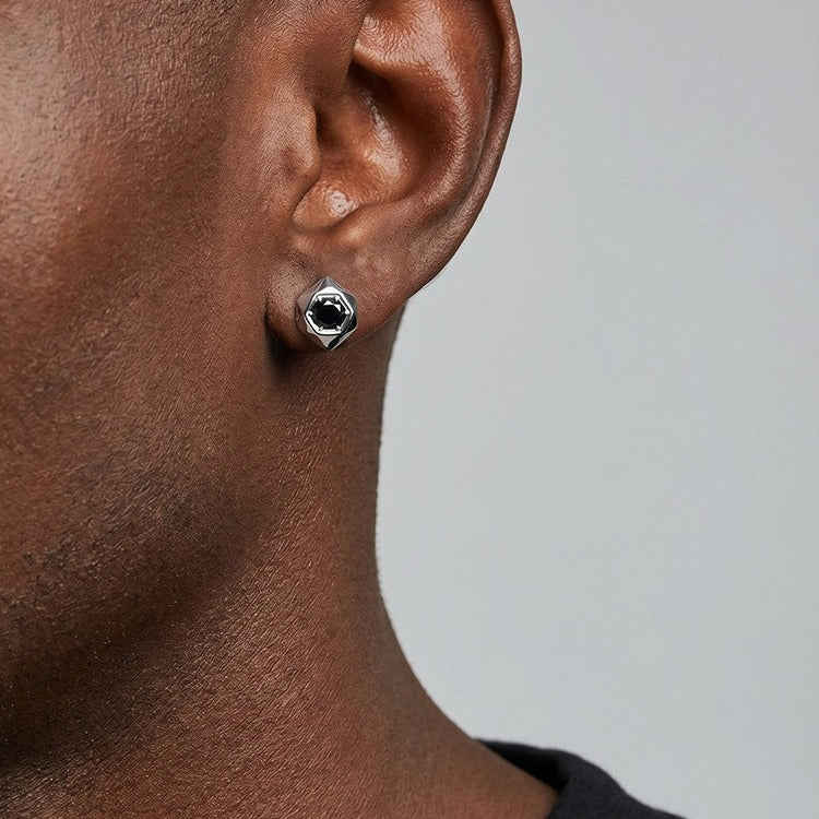 Kemston Black Cubic Zirconia Hexagon Stud Earrings for Men Stainless Steel Minimal Geometric ES-796