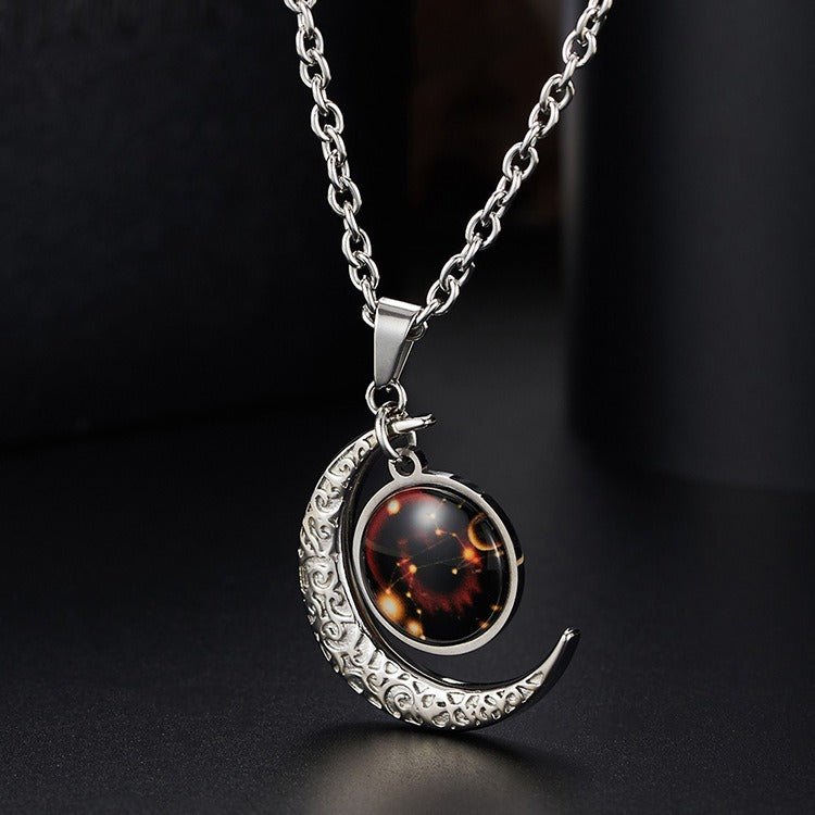 Kemstone Zodiac Sign Necklace for Men & Women Stainless Steel Crescent Moon Pendant Constellation Jewelry K-PT181