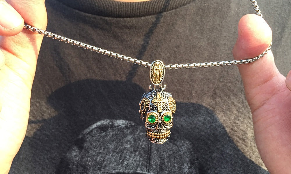 Kemstone Stainless Steel Skull Pendant Necklace for Men with Green Crystal Eyes Punk Style PN-1158