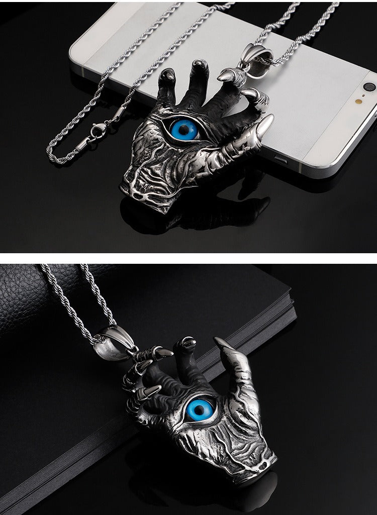 Collana con ciondolo in acciaio al titanio Kemstone Vintage con mano malvagia e occhio blu - Design audace con artiglio di drago per tutti i giorni KP80274