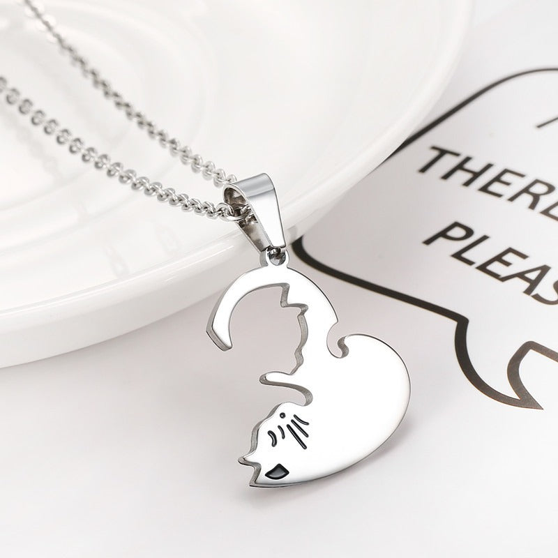 Kemston Titanium Steel Cat Couple Necklace Black White Heart 55cm TN0197