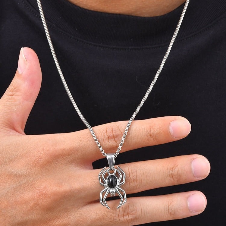 Kemstone Black Agate Spider Pendant Necklace for Men Stainless Steel Gothic PN-2453