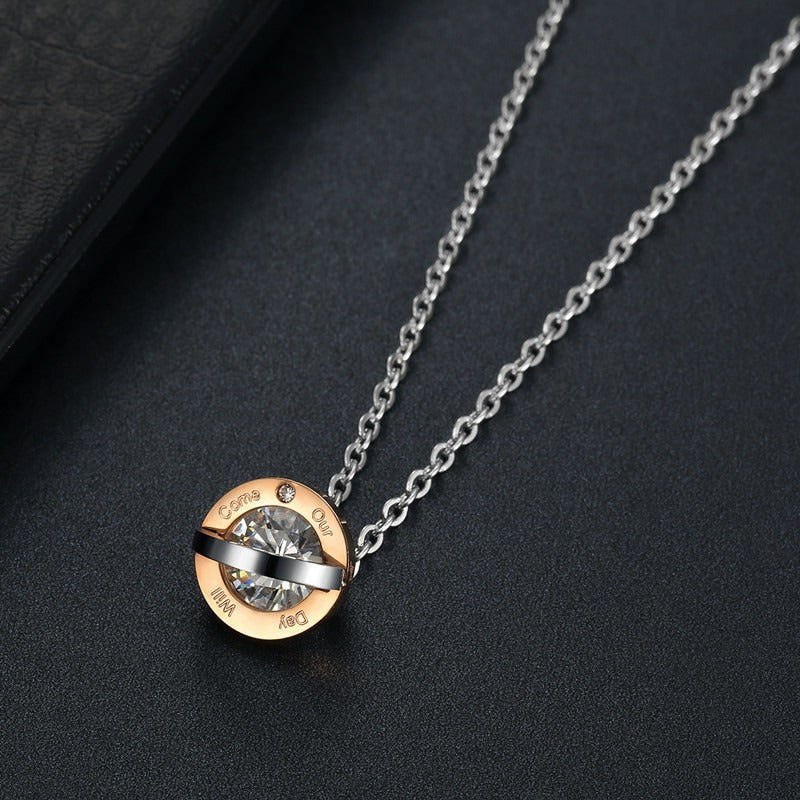 Kemstone Round Cubic Zirconia Couple Necklace for Men & Women Stainless Steel Silver Rose Gold TN0321
