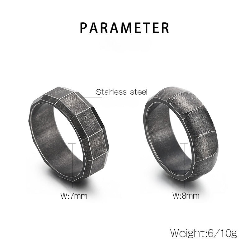 Kemstone Matte Black Gothic Ring – Titanium Steel Geometric Band for Men | Dark Vintage Street Style KR100827-KFC