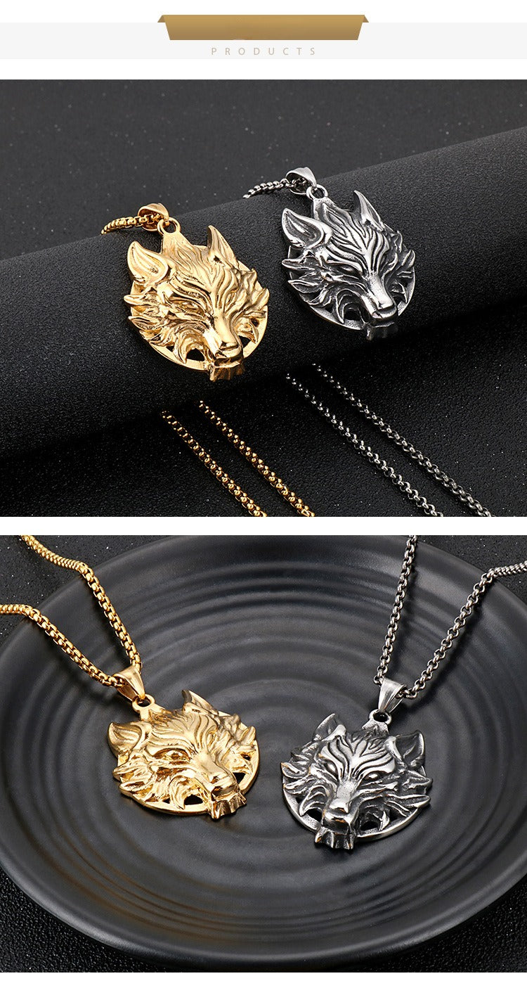 Kemstone Viking Wolf Head Pendant – Matte Stainless Steel Necklace for Men, Norse Punk Streetwear Jewelry KP81873