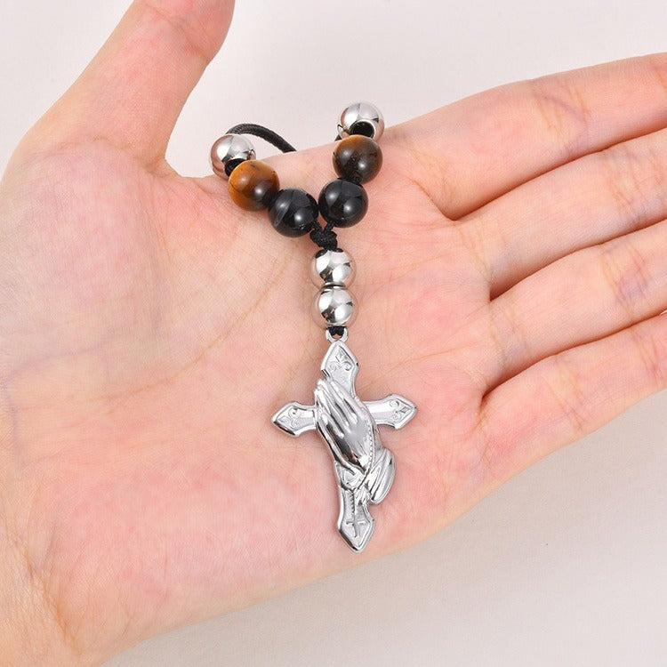 Kemston Beaded Cross Necklace for Men Black Onyx Tiger Eye Stainless Steel Adjustable Rope Pendant NC-2783