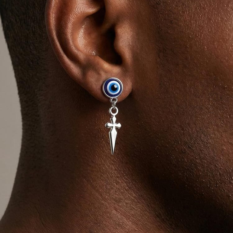 Kemston Blue Eye Cross Drop Earring for Men Stainless Steel Gothic ED-1099