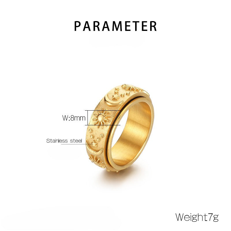 Kemstone Celestial Spinner Ring – Titanium Steel Sun Moon Star Fidget Band for Men, Gothic Streetwear Style KR105136