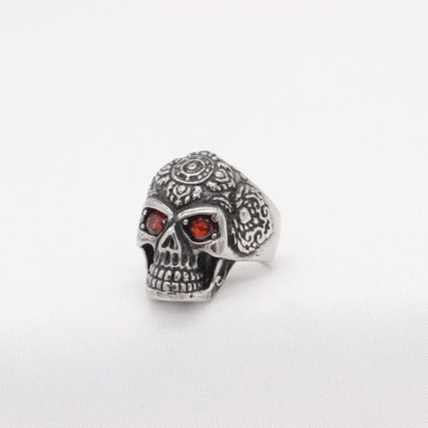 Kemstone Titanium Steel Skull Ring with Cubic Zirconia Eyes – Gothic Carved Design R1780