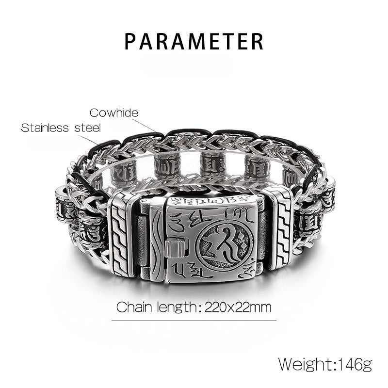 Kemstone Vintage-Style Dragon Bone Chain Bracelet & Punk Hollow-Titanium Steel Man's Ancient Six-Syllable True-Word Necklace KB145903