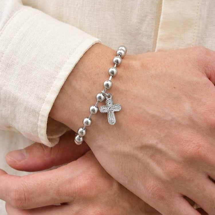 Kemstone Stainless Steel Cross Beaded Bracelet for Men Women Silver BR-2943
