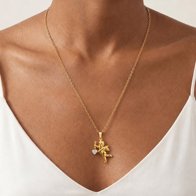 Kemstone Cupid Pendant Necklace for Men & Women Gold Plated Stainless Steel Heart Accent PN-2279