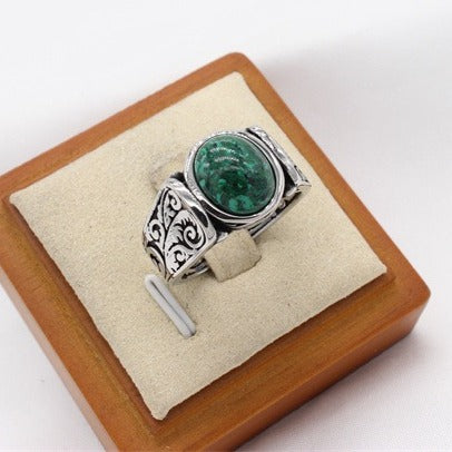 Kemstone Titanium Steel Green Resin Signet Ring for Men with Malachite-Style Pattern R1782