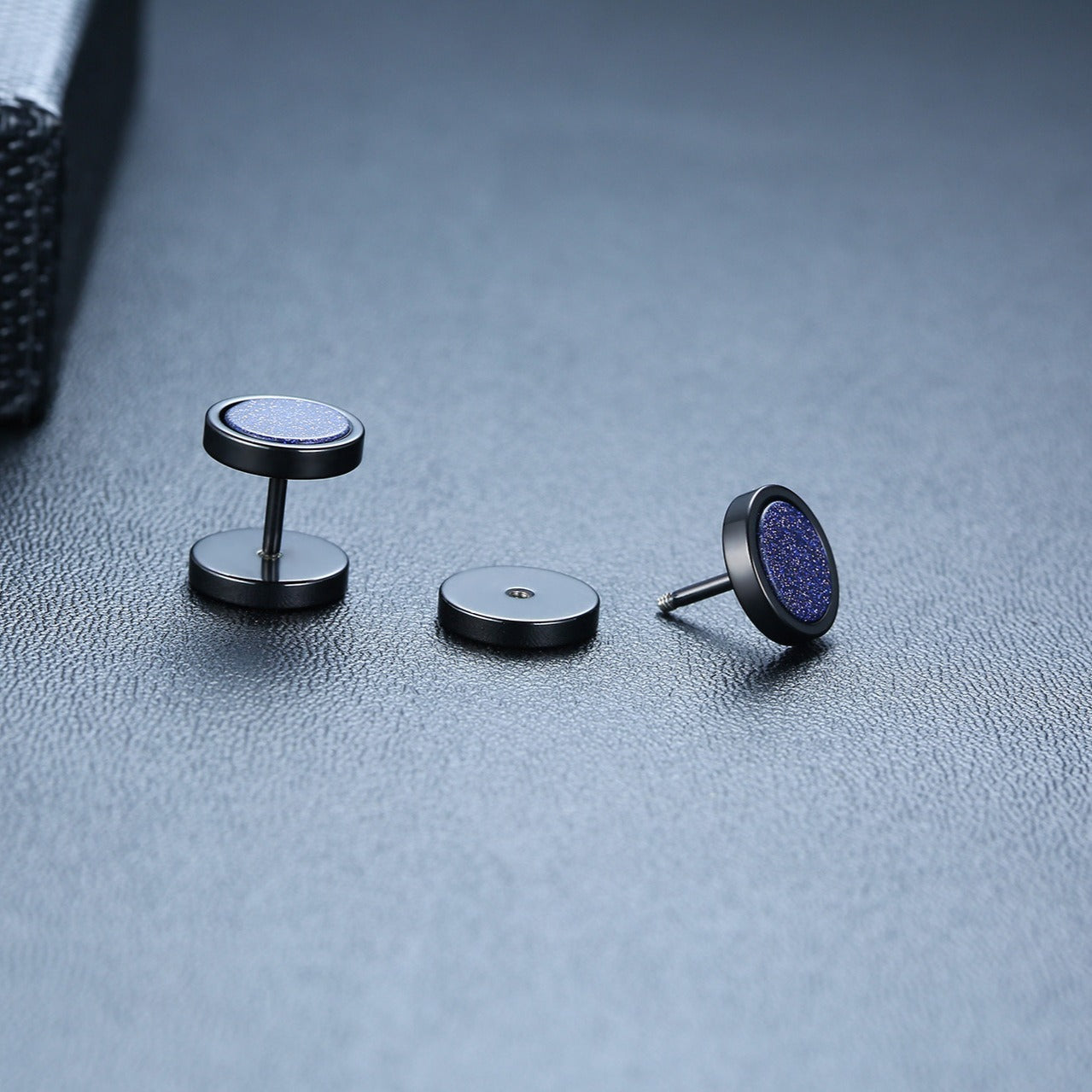 Kemstone Stud Earrings for Men Stainless Steel Round Stone Detail Black ES-302