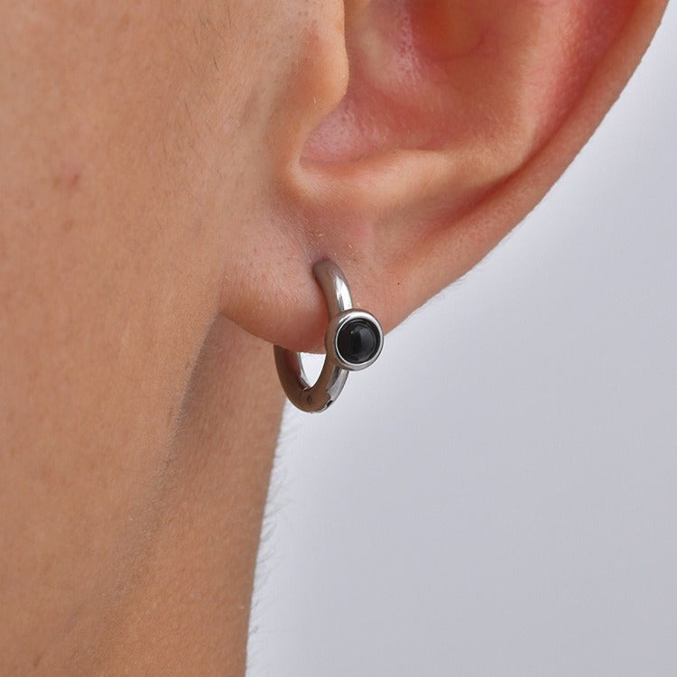 Kemston Black Agate Hoop Earring for Men Stainless Steel Minimalist EH-897