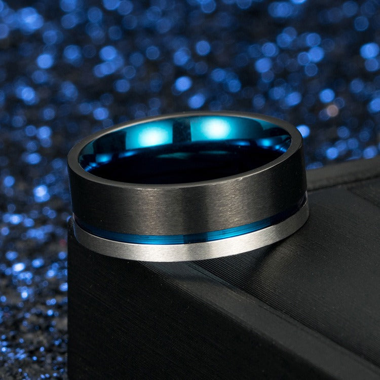 Kemstone Titanium Steel Black Ring with Blue Inner Band for Men K-R237