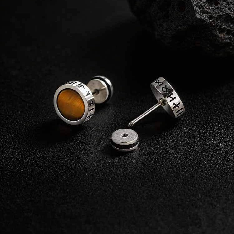 Kemstone Stainless Steel Tiger Eye Stud Earrings – Round Rune Edge Design for Men ES-784