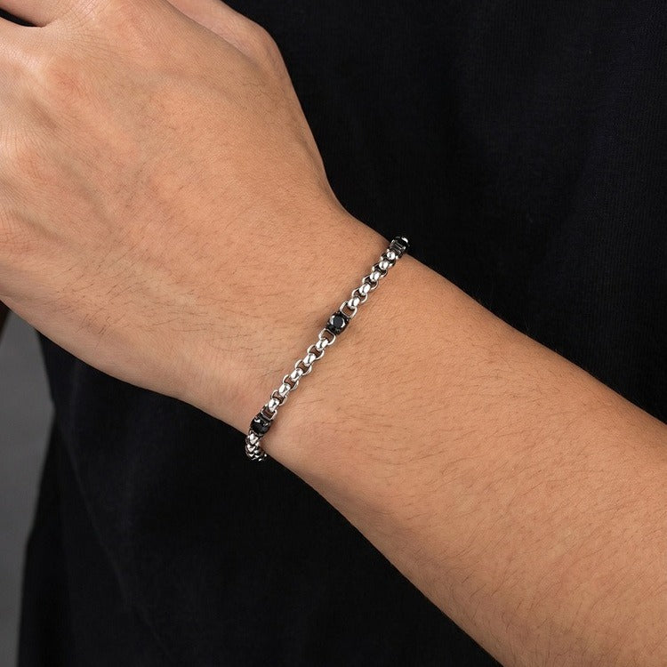 Kemston Stainless Steel Black Cubic Zirconia Beaded Chain Bracelet for Men Street Style BR-3103