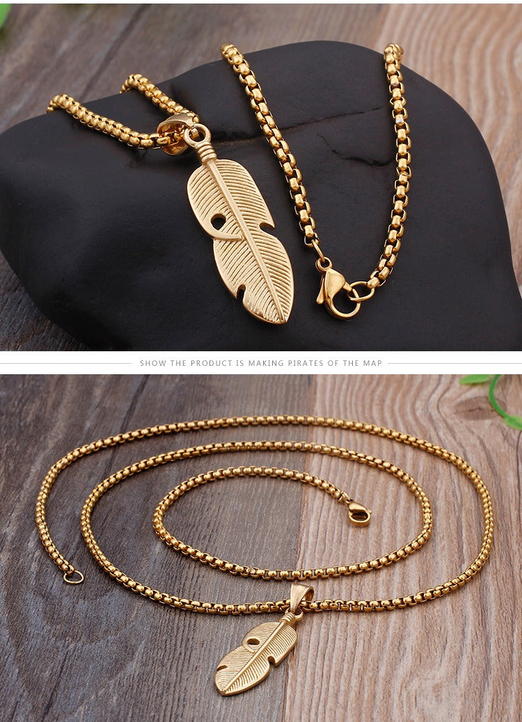 Kemstone Hollow Feather Pendant – Retro Titanium Steel Necklace for Men, Lightweight Hiphop Streetwear Jewelry KP77755-K
