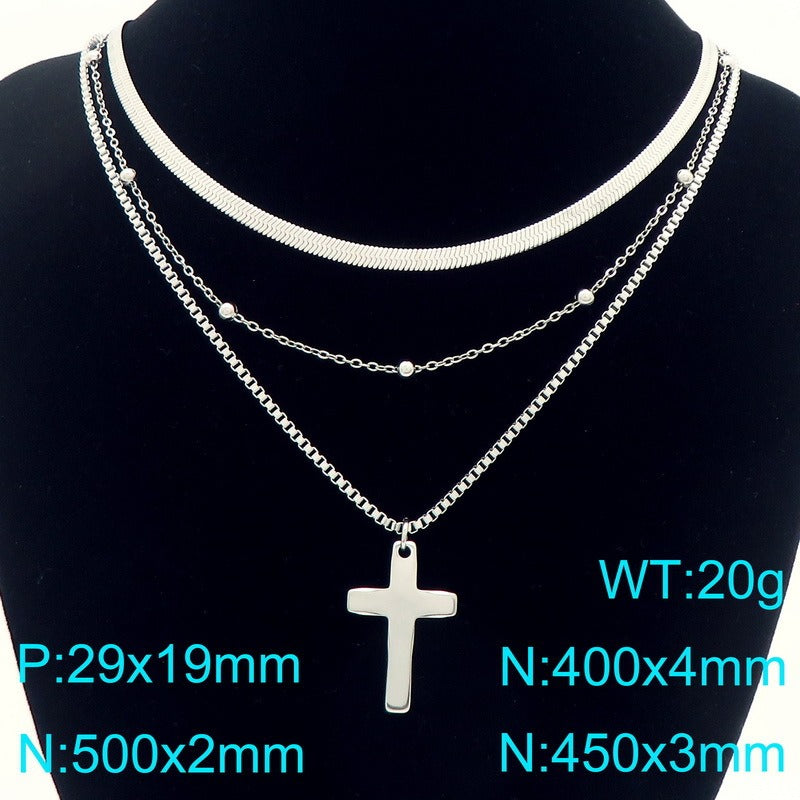 Kemstone Titanium Steel Cross Pendant Multi Chain Necklace Snake Chain Box Chain for Men & Women Gold Silver KN292221-Z