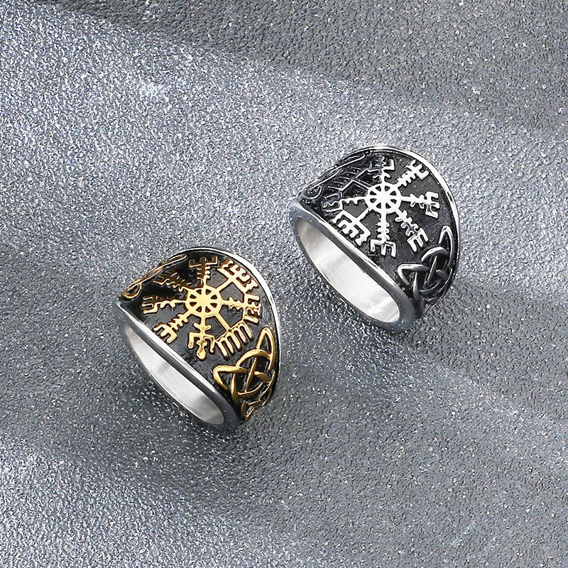 Kemstone Viking Rune Signet Ring for Men Titanium Steel Compass Celtic Knot Wide Band Silver Gold KR114478-MZOZ