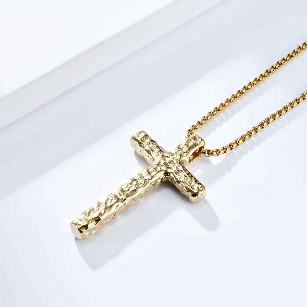 Kemstone Stainless Steel Cross Pendant Necklace for Men Hammered Textured Vintage K-PT504