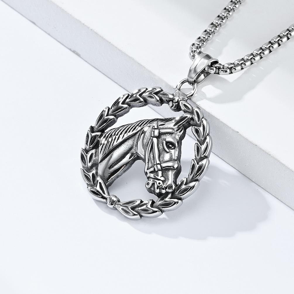 Kemstone Stainless Steel Horse Head Wreath Pendant Necklace for Men - Vintage Style K-PT448