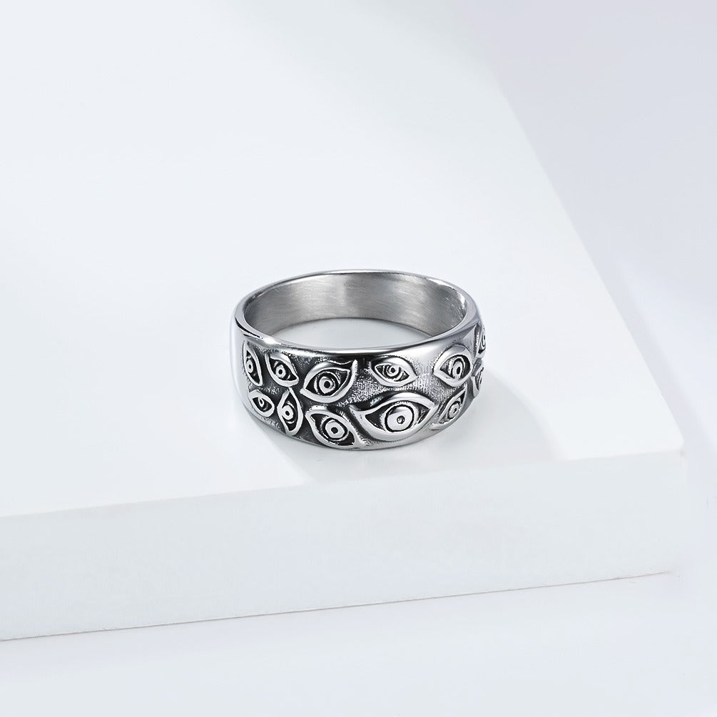 Kemstone Titanium Steel Evil Eye Ring for Men – 10mm Gothic Demon Band Jewelry, Silver/Gold/Black K-R1082