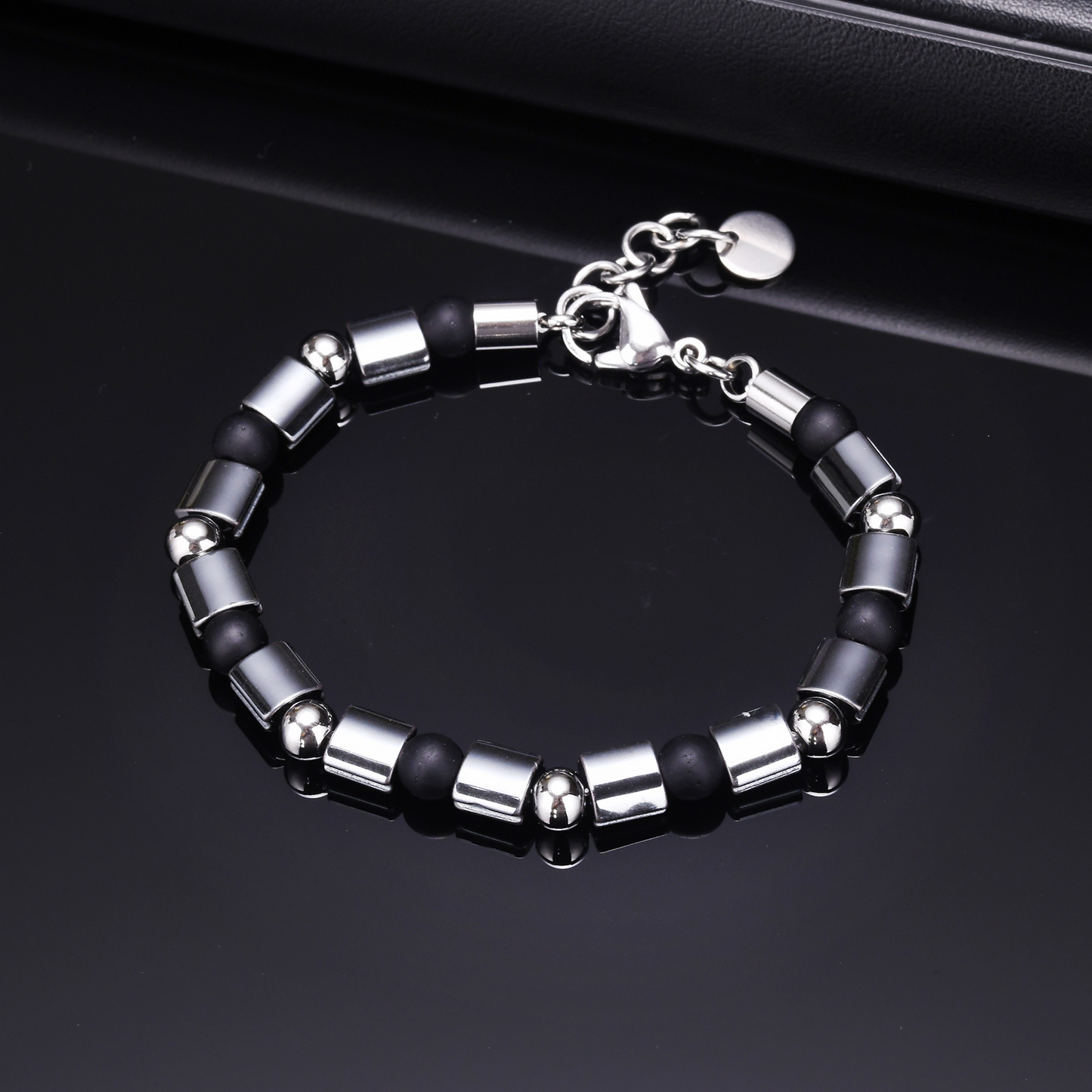 Kemstone Stainless Steel Hematite Bead Bracelet – Matte Square Stone Design for Men BR-1906