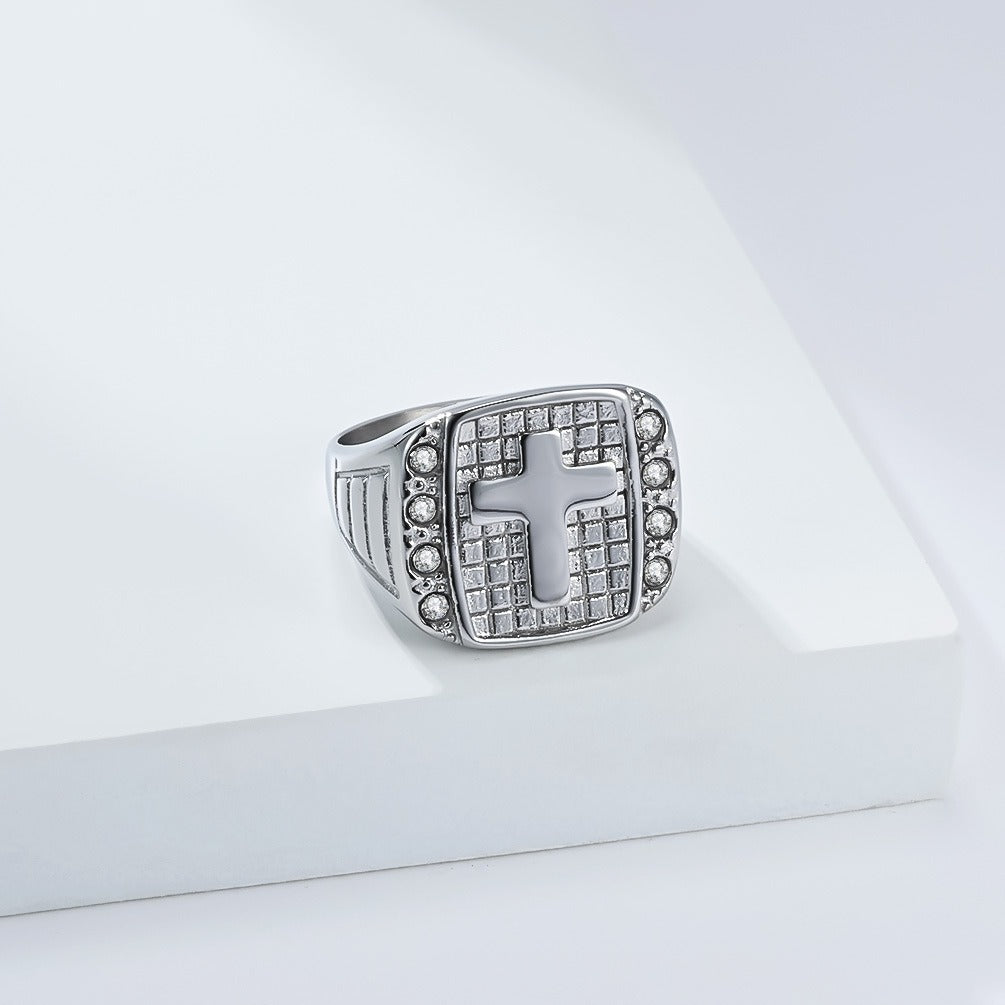 Kemstone Men’s Stainless Steel Cross Ring – CZ Inlaid Signet Jewelry K-R1078