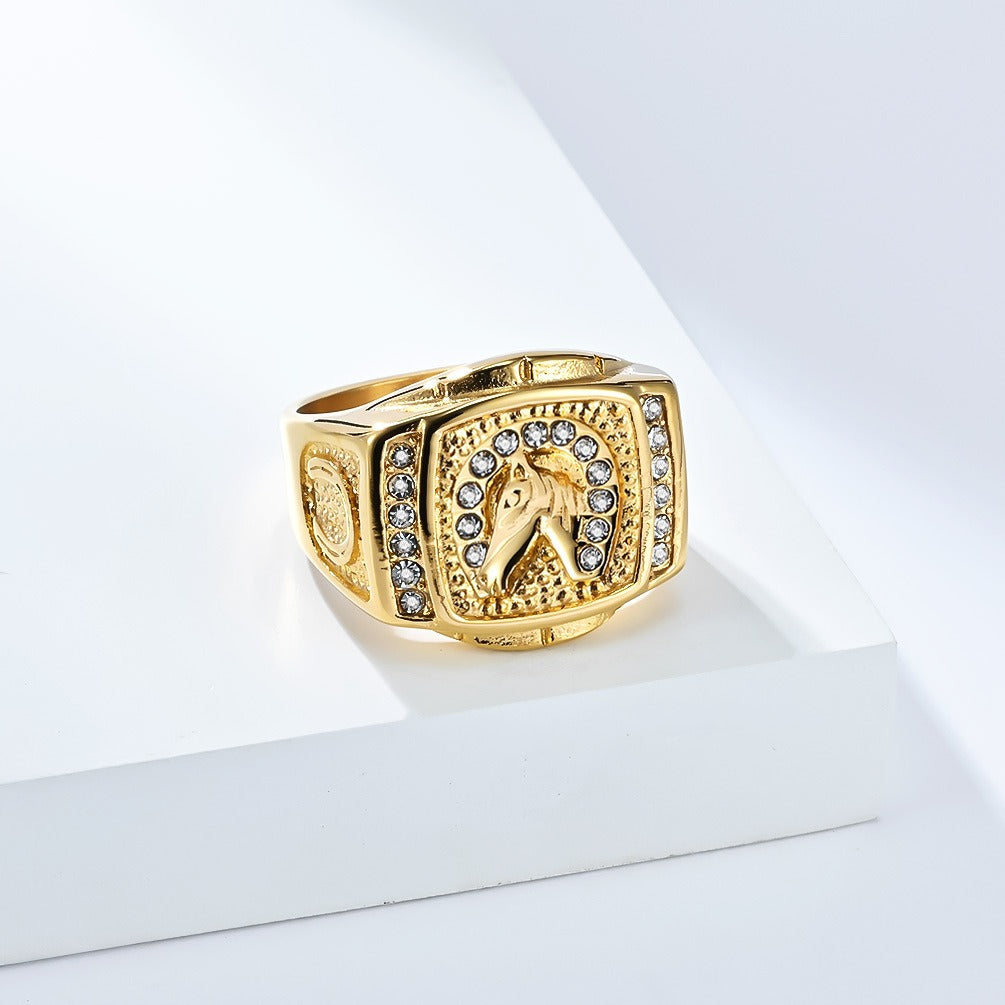 Kemstone Stainless Steel Horse Head Signet Ring for Men with Cubic Zirconia K-R1011