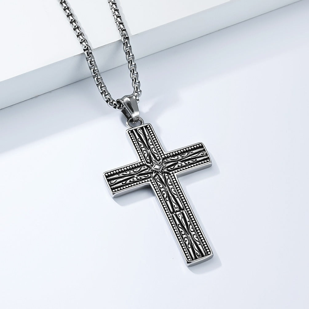Kemstone Gothic Engraved Stainless Steel Cross Pendant Necklace for Men K-PT705