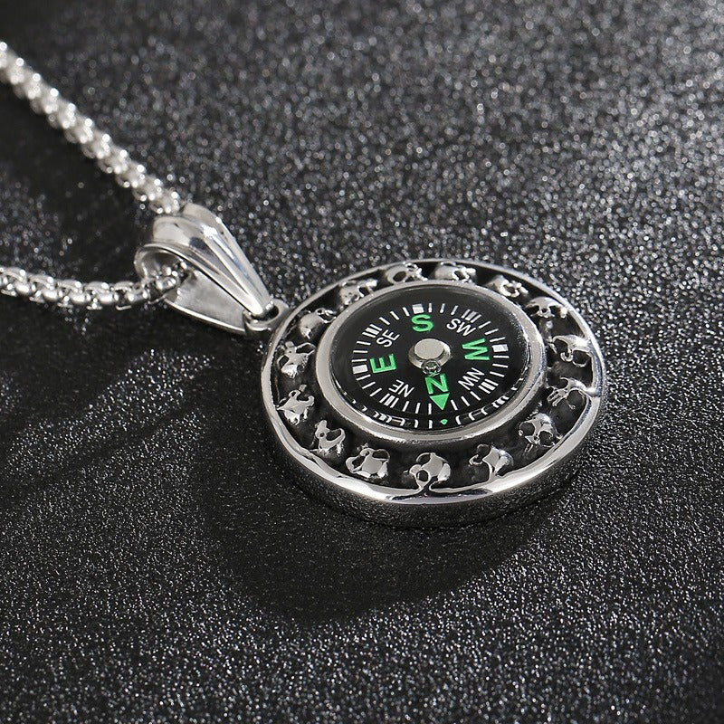 Kemstone Titanium Steel Compass Skull Pendant Necklace for Men Vintage Round Design KP55736-BD