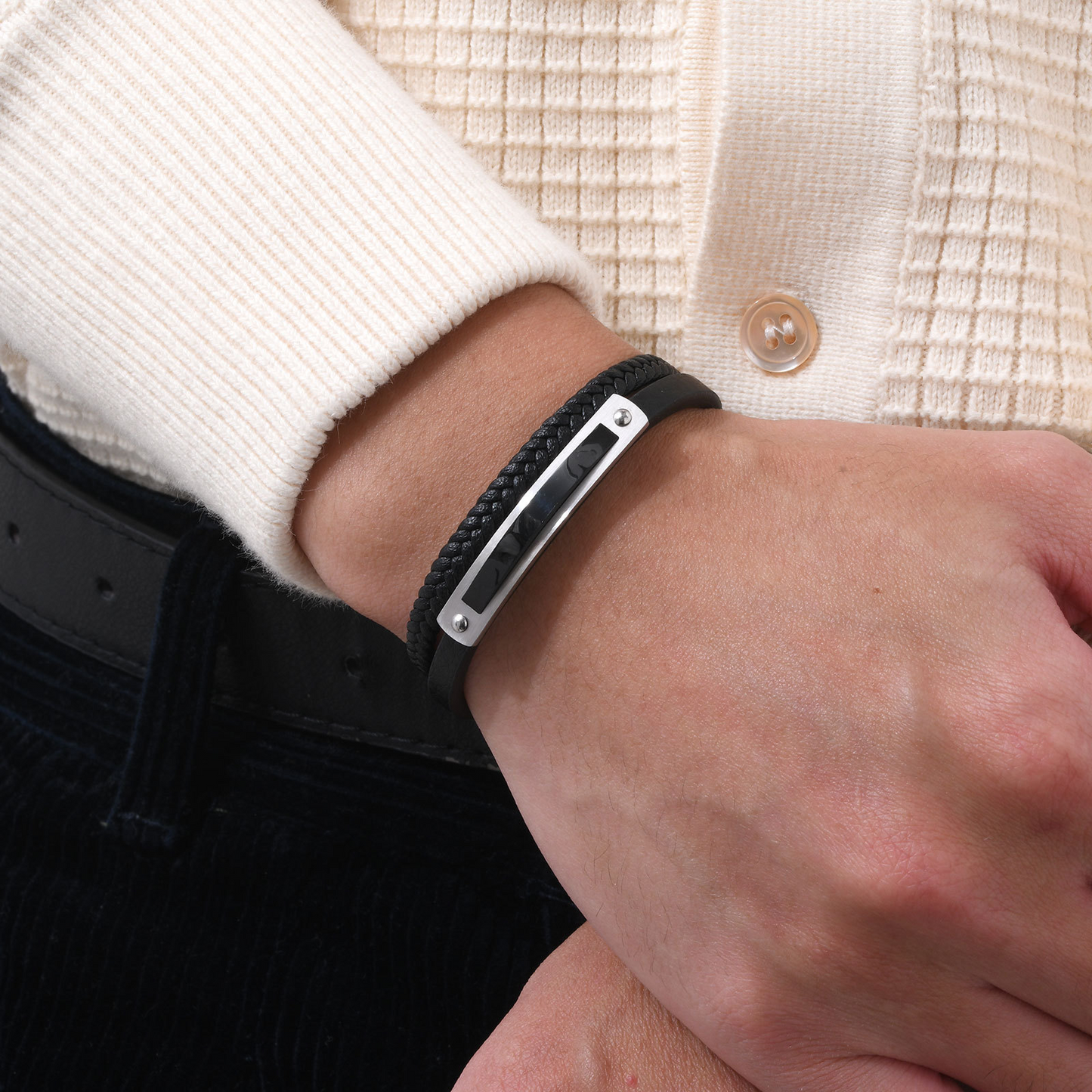 Kemstone Curved Plate Double-Layer Black PU Leather Bracelet for Men BL-782S