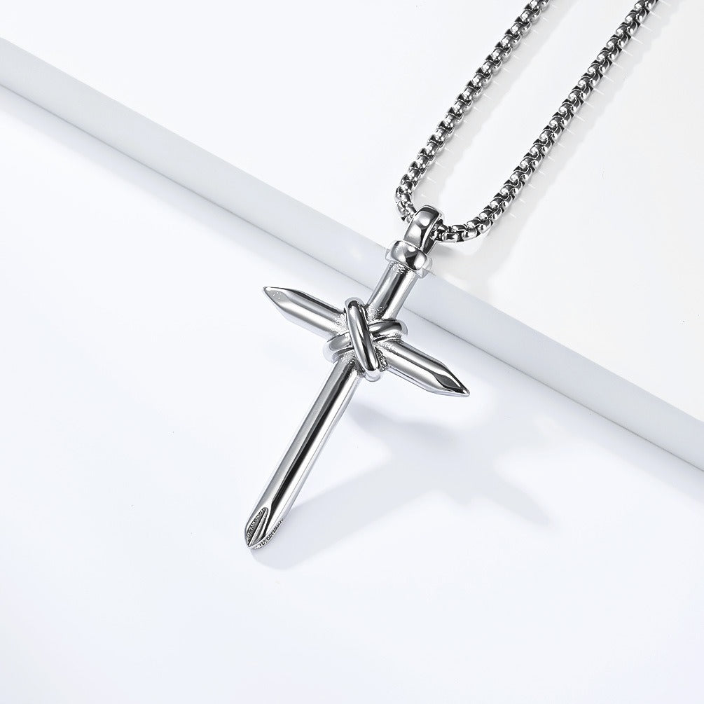 Kemstone Stainless Steel Nail Cross Pendant Necklace Knot Detail for Men & Women K-PT714