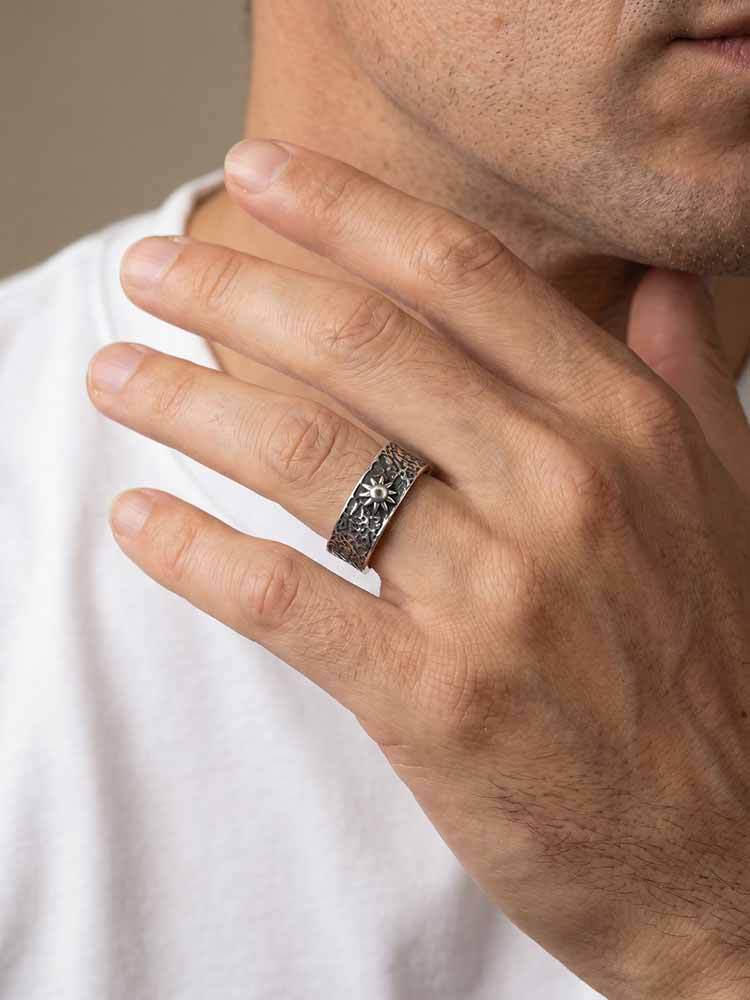 Kemston Sun Moon Ring for Men Stainless Steel Textured Vintage RC-1146