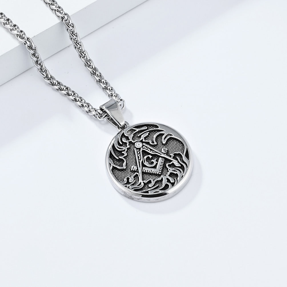 Kemstone Men’s Stainless Steel Necklace – Vintage Masonic-Style Round Pendant K-PT564
