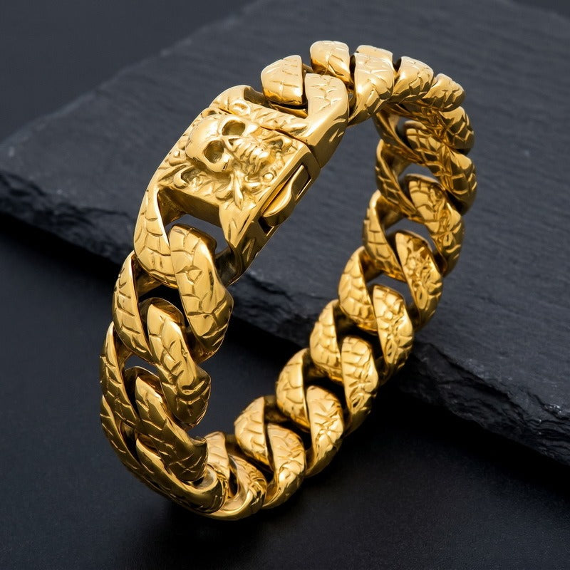 Kemstone Skull Clasp Cuban Link Bracelet for Men Titanium Steel Engraved KP118342-KJX