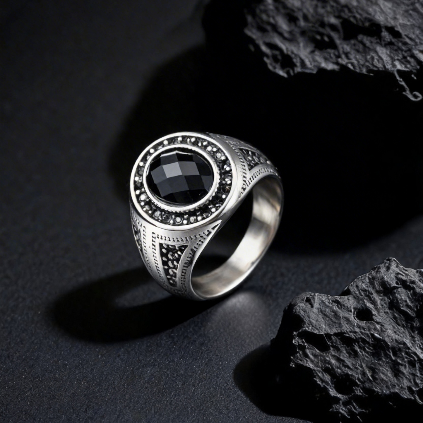 Kemstone Stainless Steel Black Oval Signet Ring Vintage Glass Detail for Men RC-842