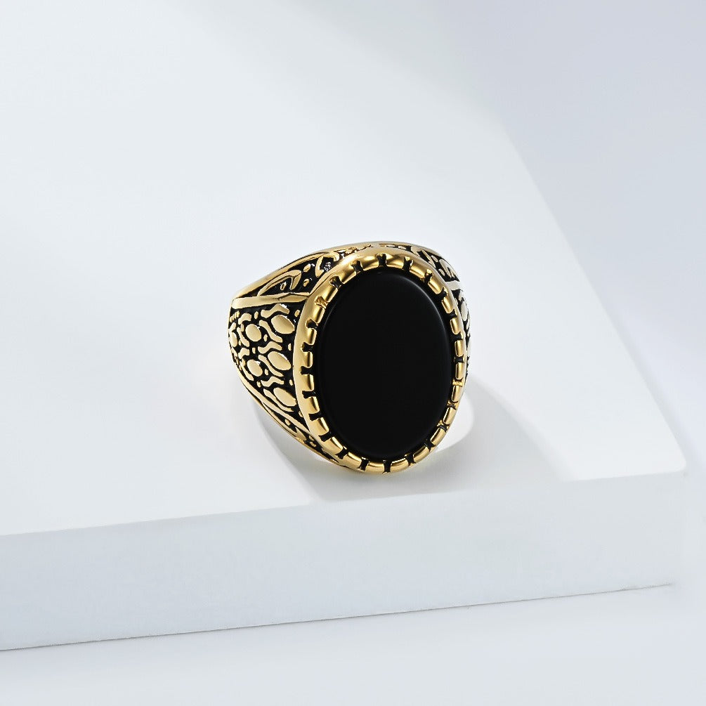 Kemstone Stainless Steel Black Stone Inlay Ring – Vintage Style for Men K-R1114