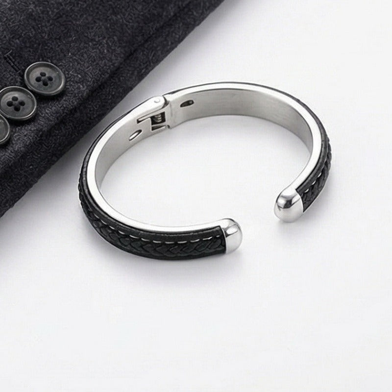 Kemstone Stainless Steel Braided Leather Open Cuff Bracelet for Men Minimalist Casual Wrist Bangle KB97554-BD