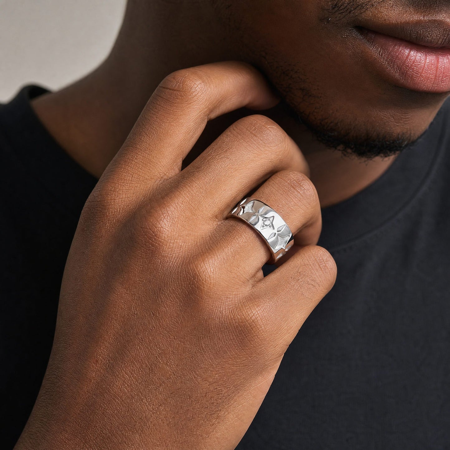 Kemstone Four Point Star Ring for Men Stainless Steel White Cubic Zirconia Wide Band RC-1117
