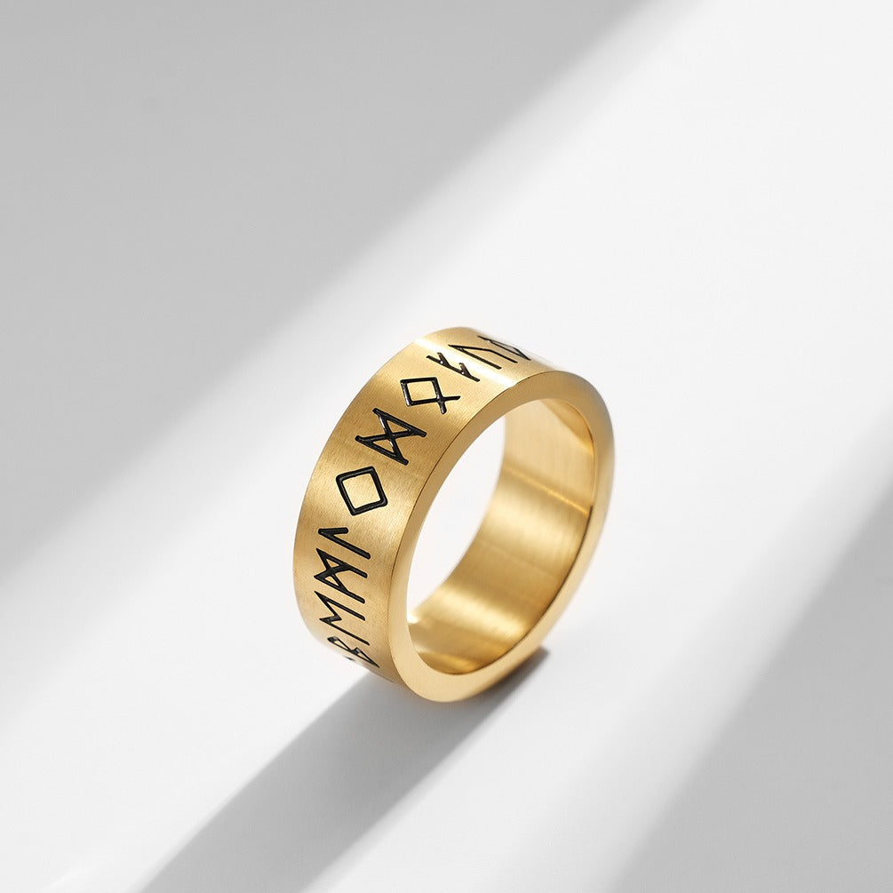 Kemstone Viking Rune Stainless Steel Ring – Matte Nordic Letter Design for Men & Women K-R560