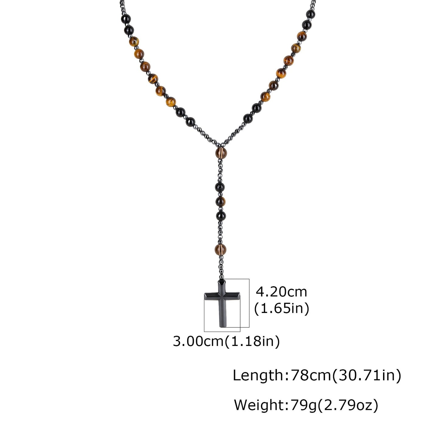 Kemstone Tiger Eye Beaded Cross Necklace for Men Lava Stone Stainless Steel Pendant NC-3017