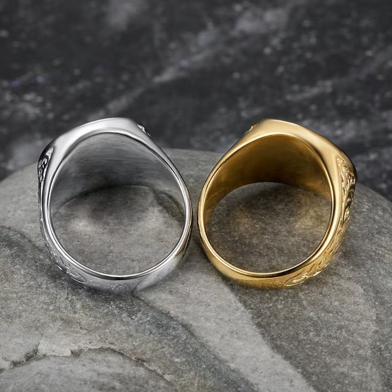 Kemstone Men’s Stainless Steel Vintage Emblem Signet Ring – Silver Gold TR0510