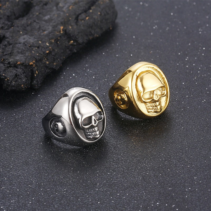 Kemstone Titanium Steel Skull Signet Ring – Heavy Dark Punk Style for Men KR106363-KJX