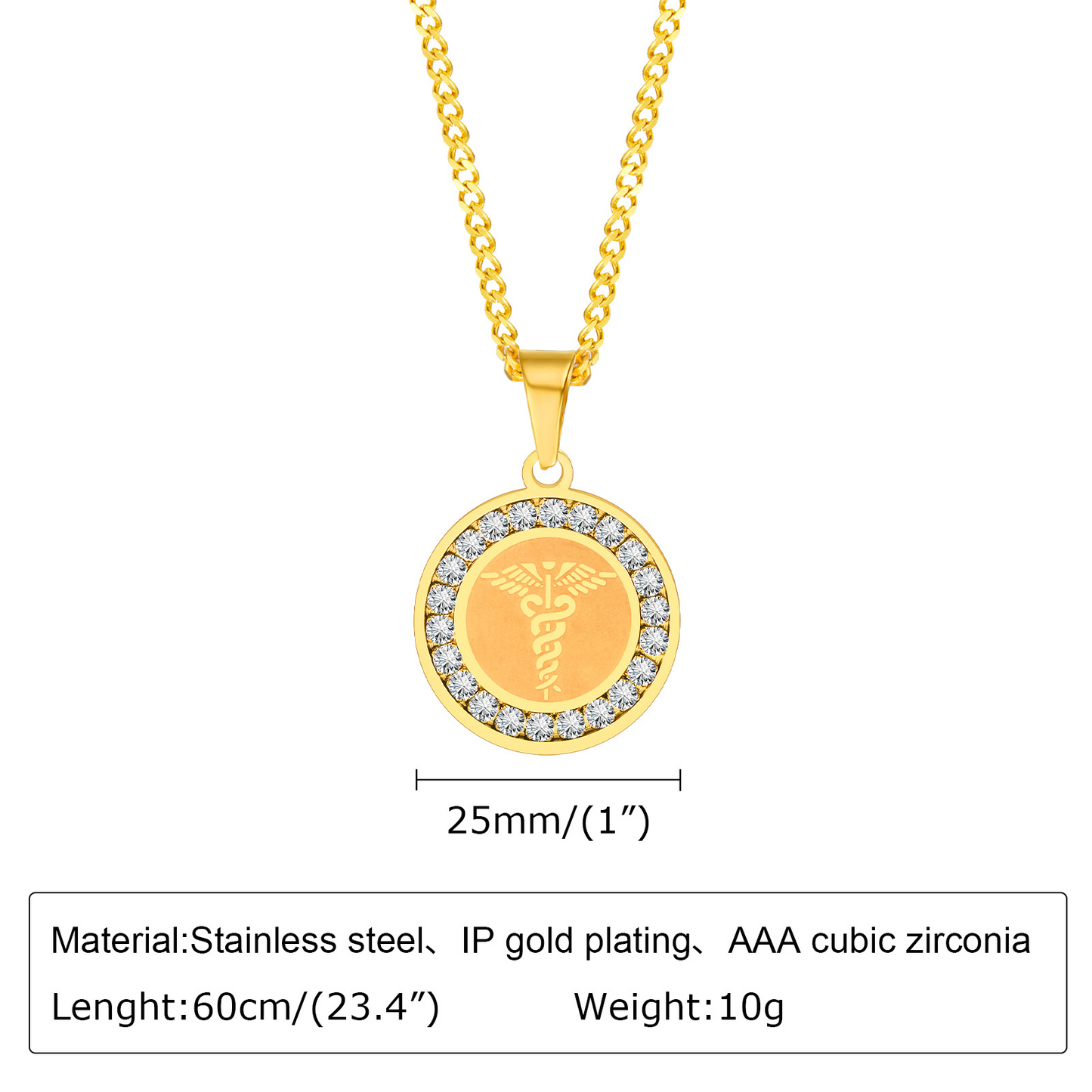 Kemstone Men’s Stainless Steel Caduceus Pendant Necklace – Gold & Silver PN-619