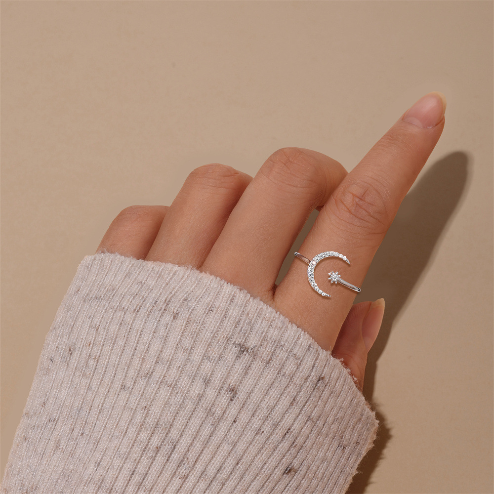 Kemstone S925 Sterling Silver Moon & Star Ring for Women – Adjustable Open Moissanite Stackable MG60100351904A