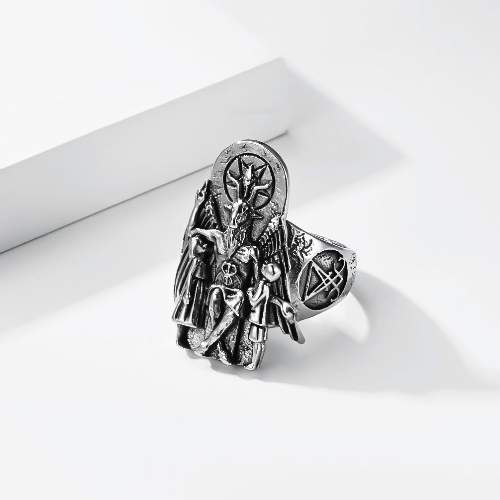 Kemstone Stainless Steel Goat Head Signet Ring – Gothic Vintage Style for Men K-R1154